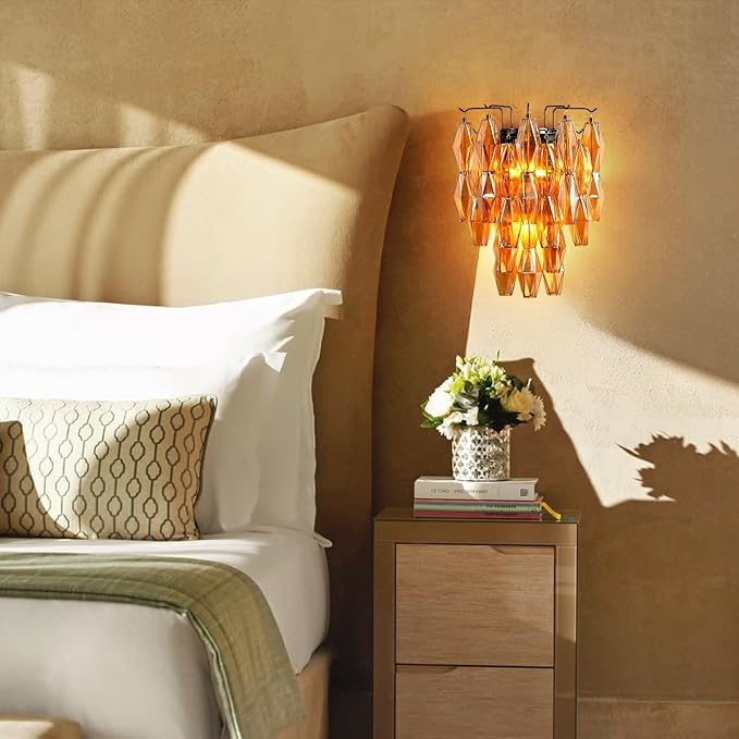 Black Wall Sconce, Modern Black Sconce Wall Lighting, Amber Glass Sconces for Bathroom, Luxury Wall Lights for Living Room, Wall Lamp for Bedroom, Vanity Light for Hallway, Staircase