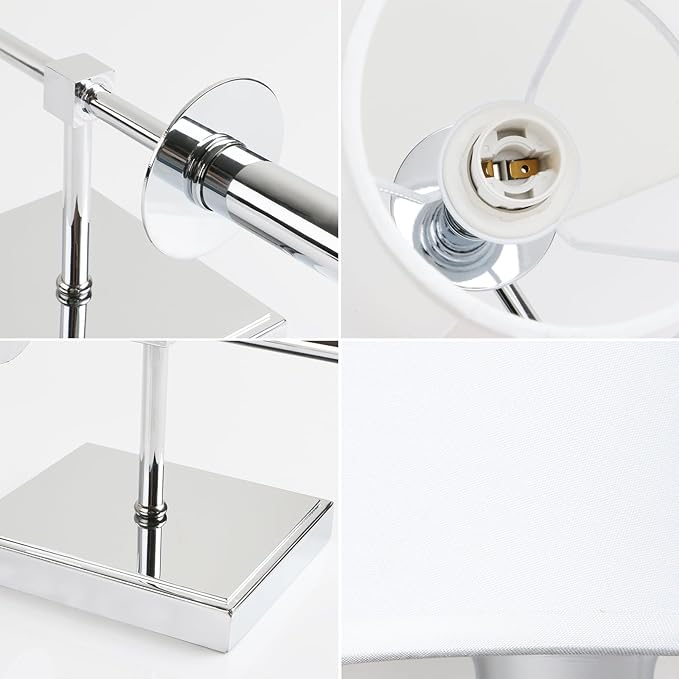 PERMO Single Classic Rustic Industrial Wall Sconce Lighting Fixture with Flared White Textile Lamp Shade and Chrome Tapered Column Stand