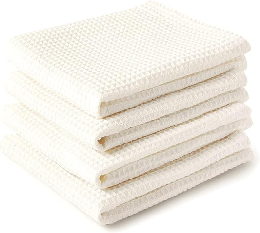 Encasa XO Kitchen Dish Towels Set | Solid Off White | Waffle Weave and Flat Hand Tea Towel | 28"x18" | Quick Drying Reusable Cotton Washcloths | Multipurpose Lightweight Dishcloths Set of 4