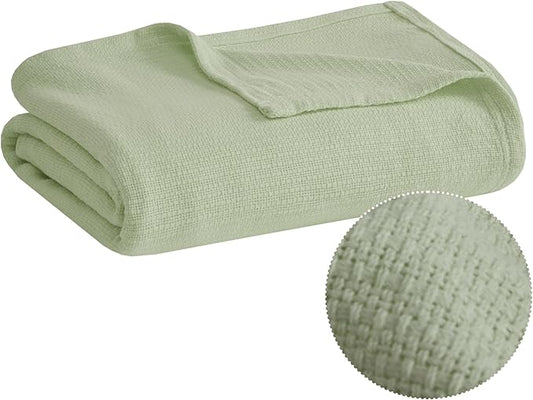 Madison Park Farmhouse Blanket,100% Cotton Luxuriously Soft Fresh Spun Farmhouse Basketweave Blanket Breathable All Seasons Lightweight Blanket for Bed, Couch and Office, Full/Queen, Green