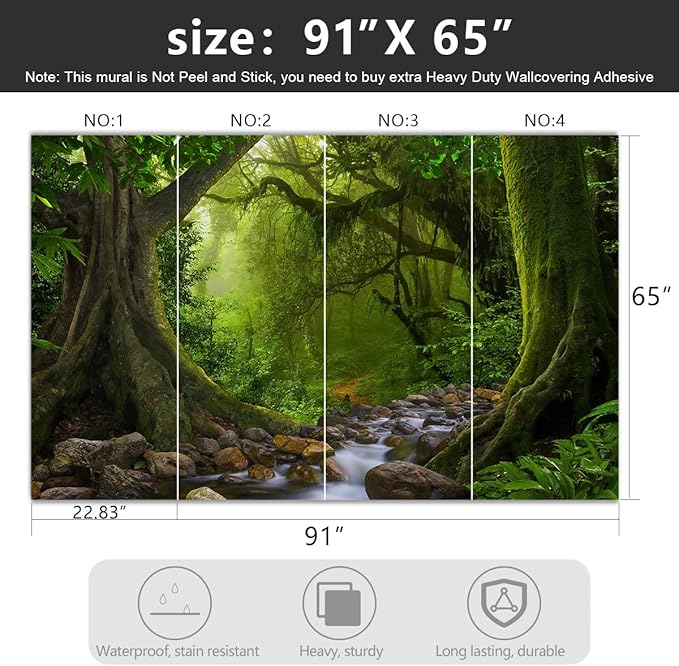 -Green Forest Landscapes Woodland Tree Fabric Wallpaper Living Room Bedroom Bathroom Flowing Jungle Wall Mural- 91"x65"（ not Peel and Stick）