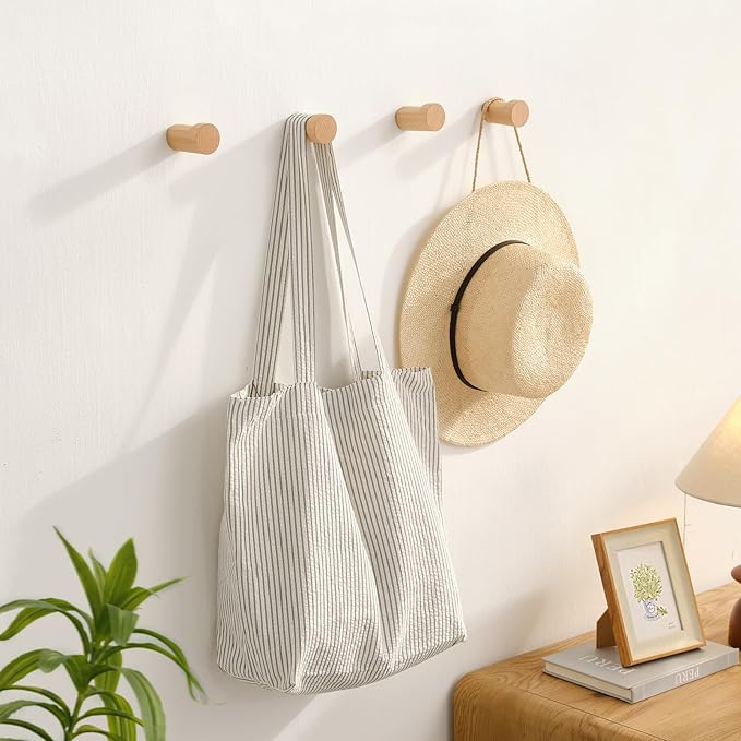 Wood Wall Hooks for Hanging, 6 Pack Rustic Coat Hooks Wall Mount, Handmade Wooden Pegs Hat Hook, Entryway Walls Hanger for Coat Purse, Boho Bathroom Towel Rack (Beech Wood)