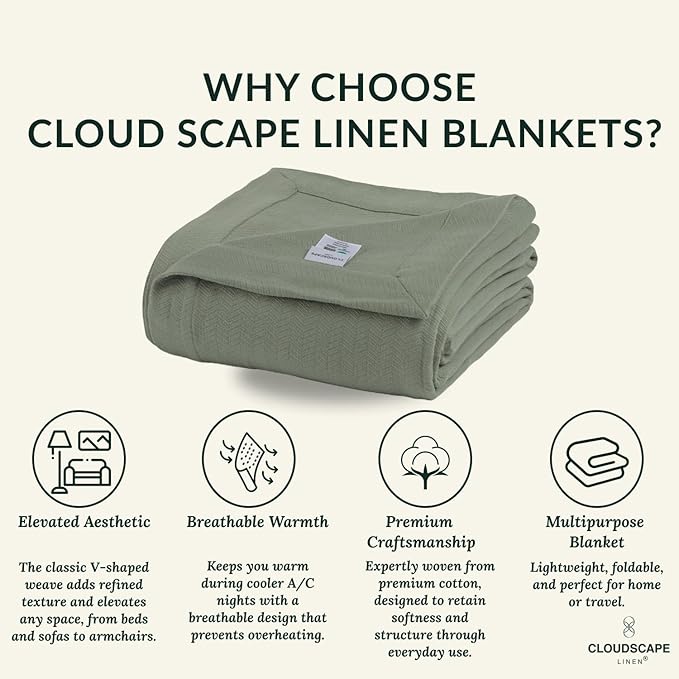 Cloud Scape Linen Herringbone Cotton Throw Blanket for Couch, Bed,Sofa, Home Decor, Soft, Lightweight, All-Season Bed Blanket, 50 x 70, Olive Green