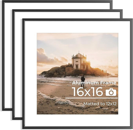 Aluminum 16x16 Picture Frame Black, Metal Photo Frames with Mat for 12x12 Photo or Without Mat for 16x16 Photo, Metal Poster Frame Sawtooth Hanger for Easy Wall Display, set of 3