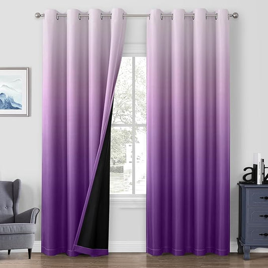 HOMEIDEAS Purple 100% Ombre Blackout Curtains for Bedroom, 52 X 84 Inches Long Room Darkening Gradient Light Blocking Thermal Insulated Grommet Drapes for Living Room, 2 Panels