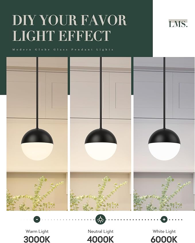 LMS 8-inch Black Pendant Lights Kitchen Island, Modern Globe Pendant Light with Frosted Glass, Contemporary Mid Century Hanging Light Fixture for Kitchen Island Sink Bedroom Bathroom, LMS-186
