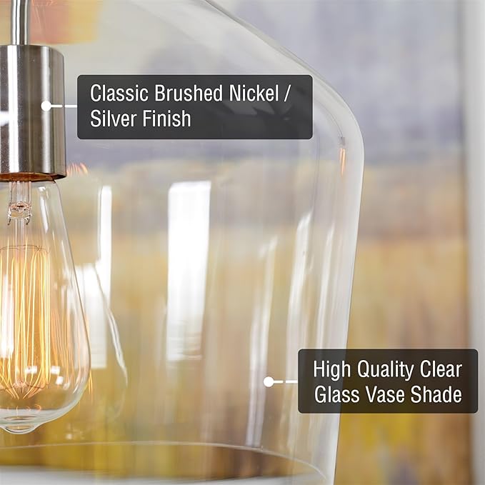 Kira Home Lucy 16" Modern Pendant Light + Clear Glass Vase Shade, Adjustable Hanging Height, Brushed Nickel Finish