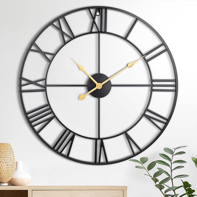 Large Wall Clock, 24-Inch Roman Numeral Decorative Art,Completely Silent, Non Ticking, Battery-Operated Metal Wall Clock for Living Room, Bedroom and Kitchen-Black&Gold Hands