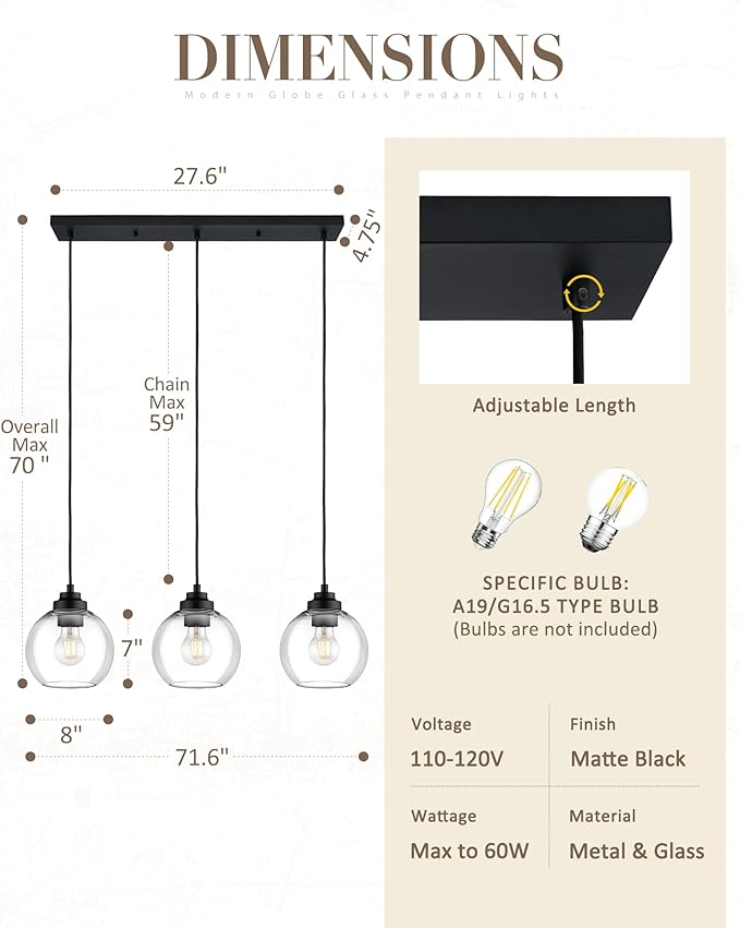 Black Island Light, 3-Light Linear Chandelier with Clear Glass, Globe Pendant Light Fixture for Dining Room Kitchen Island Living Room Pool Table, ZCPL101BK-3S