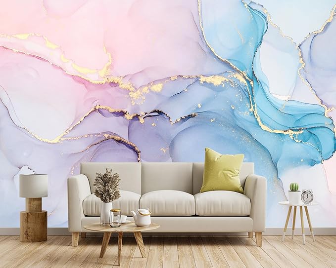 -Coloured Marbled Fabric Wallpaper Abstraction Golden Art Living Room Bedroom Bathroom Wall Mural- 160"x108"（ not Peel and Stick）