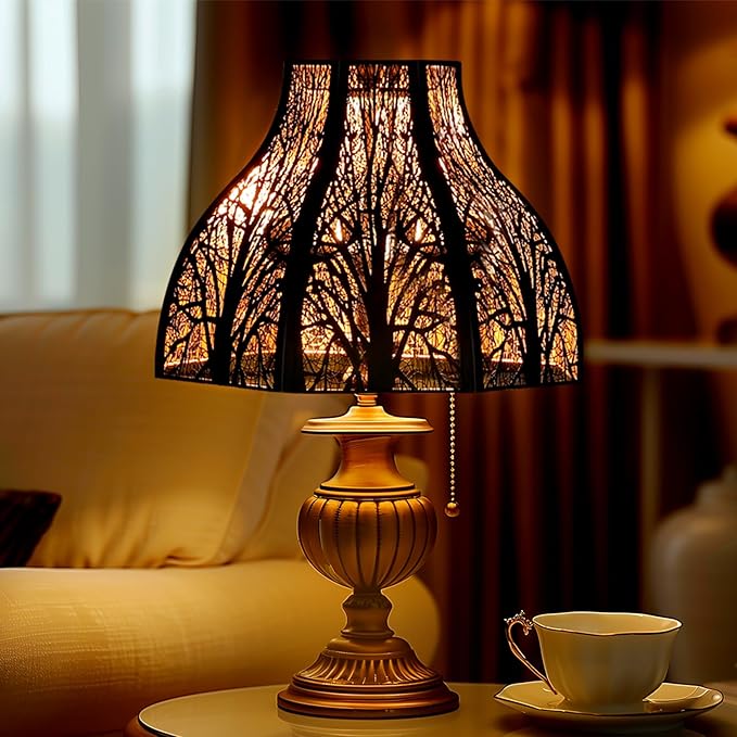 Etched Forest Large Metal Lampshade 5.32 X 13 X 9.5 Inch 8-petal Lotus Shape Fits for Floor Lamp Table Lamp for Living Room Bedroom(Outer Black Inner Gold)