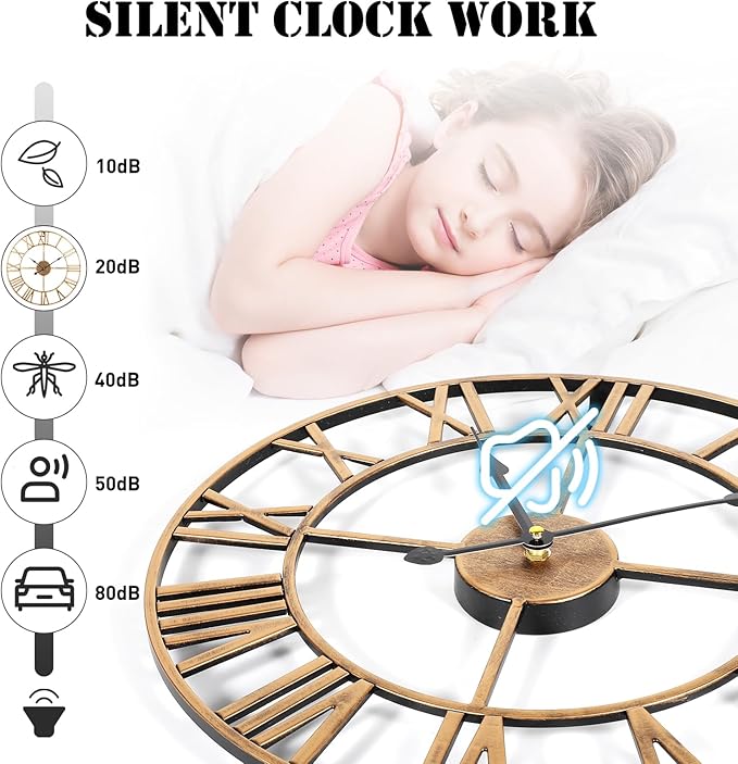 Large Wall Clock, 24-Inch(60CM) Roman Numeral Decorative Art Wall Clock,Completely Silent, Non Ticking, Battery-Operated Metal for Living Room, Bedroom and Kitchen-Copper Gold