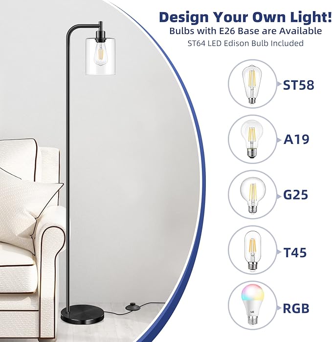 Industrial Floor Lamp with Hanging Glass Shade Black Farmhouse Indoor Pole Light with Edison E26 Base Vintage Rustic Standing Tall Lighting for Living Room Bedroom Office(ST64 Bulb Included)