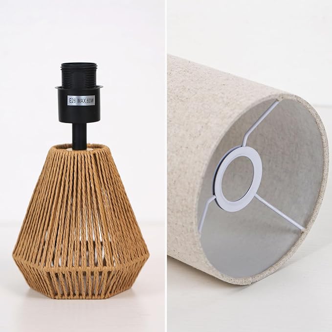 KUNJOULAM Rattan Table Lamp, Small Nightstand Lamp with Linen Fabric Lampshade, Desk Lamp for Living Room Home Office