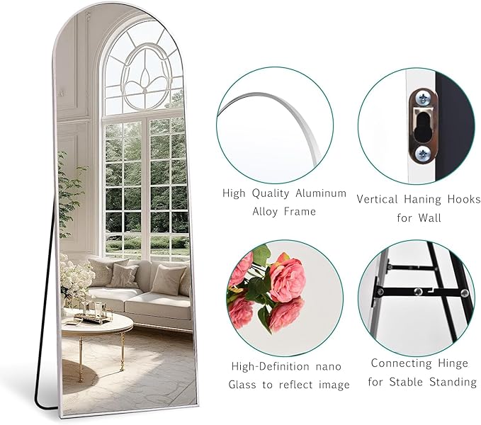 TinyTimes 70''x26'' Full Length Mirror, Large Arched Floor Mirror with Stand, Oversized Wall Mirror, Full Body Mirrors Standing Leaning for Living Room, Bedroom (White)