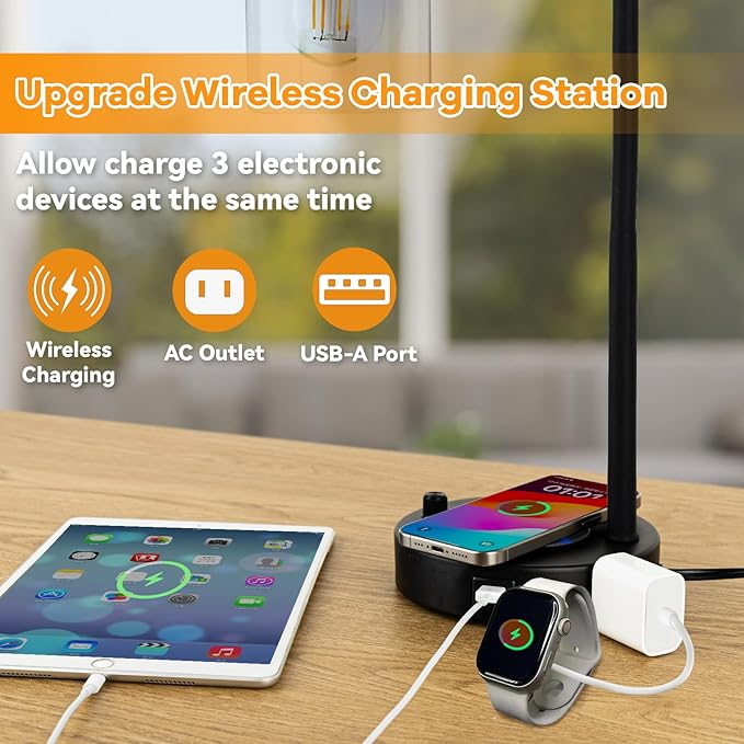 Industrial Table Lamp with Wireless Charing, Fully Stepless Dimmable Lamps Nightstand Lamps, Desk Lamp with Glass Shade Reading Lamp for Office Living Room (Black)