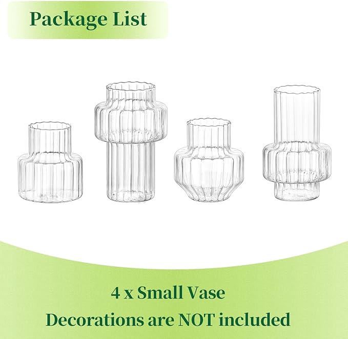 Hewory Ribbed Bud Vases for Centerpieces: Set of 4 Small Clear Glass Vase for Bridal Baby Shower Home Decor - Modern Table Decoration for Wedding & Event Planners