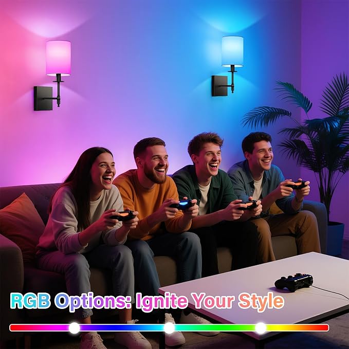 14.5 Inch Black Battery Operated Wall Sconces Set of 2, Rechargeable Wireless Wall Lights with Remote & White Fabric Shade, Indoor Not Hardwired Dimmable Wall Lamps for Bedroom, 2 Bulbs Included