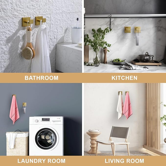 TASTOS Bath Towel Hooks Brushed Gold, 4 Pack Stainless Steel Robe Coat and Clothes Hook, Heavy Duty Wall Hook for Bathroom & Kitchen, Modern Square Style Wall Mounted…