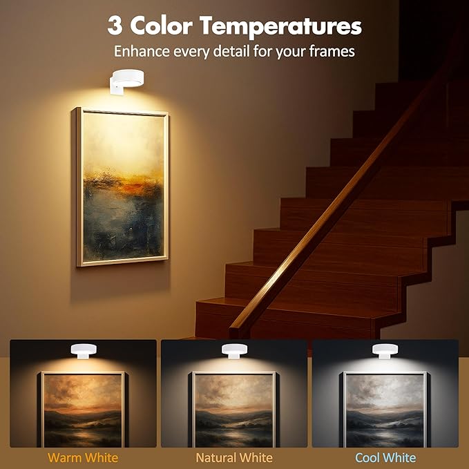 6Pcs Picture Light Battery Operated, Magnetic Led Painting Light with Remote Dimmable and Timer, 3 Lighting Modes Art Display Light for Picture Frame Paintings, Wireless Wall Decor Puck Lights