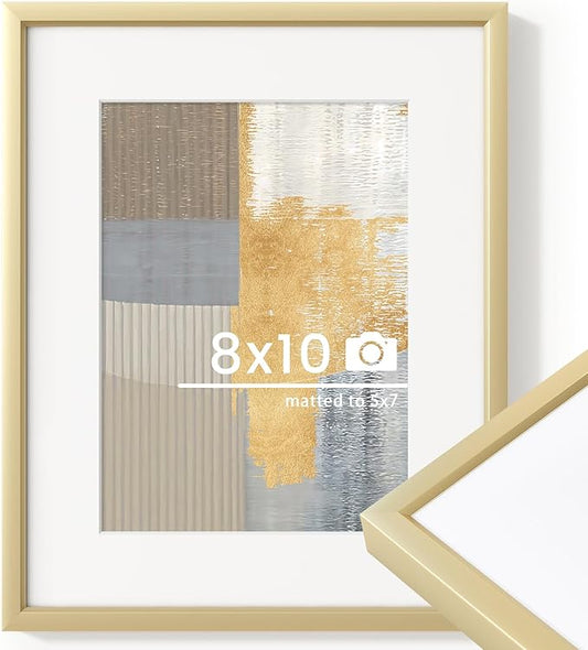 8x10 inch Metal Picture Frame - 8 x 10 Thin Aluminum Photo Frames with 5x7 Removable Mat - High Definition Plexiglass - Ideal for Wall or Tabletop Display - Wall Hook Hanging Hardware Included - Gold, Set of 1