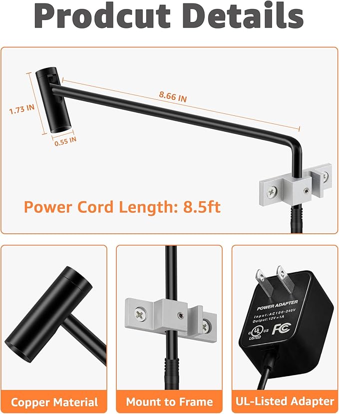 LED Picture Light Plug in 120V Art Light with Remote & Timer, Dimmable Picture Frame Light for Paintings, 3000K CRI 90 Picture Lights for Wall Display Portrait Gallery, Brass Body Painted Black