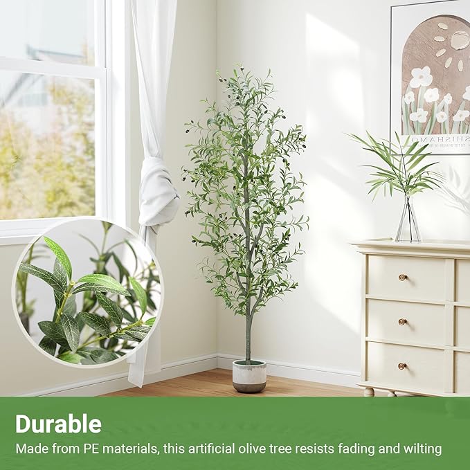 Faux Olive Tree 6FT Silk Plant Artificial Indoor, 6 FT Fake Potted Olive with Wicker Basket Planter, Tall Artificial Olive Trees with Natural Wood Trunk & Fruits for Home Office, 6 Feet (72")