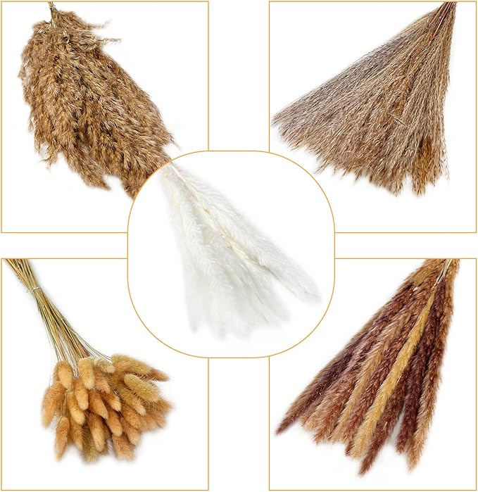 110PCS Dried Pampas Grass Decor, 5 Styles Natural Dried Fluffy Pampas Grass Boho Home Decor Bouquet for Home Decor, Wedding, Party