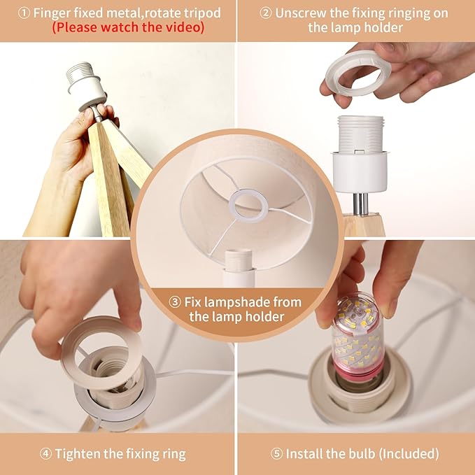 Table Lamp,Small Tripod Desk Lamp with Linen Fabric Lampshade,14.9",Tri-Color 5W Wooden Table Lamp for Living Room,Kids Room,Nursery (Grey)