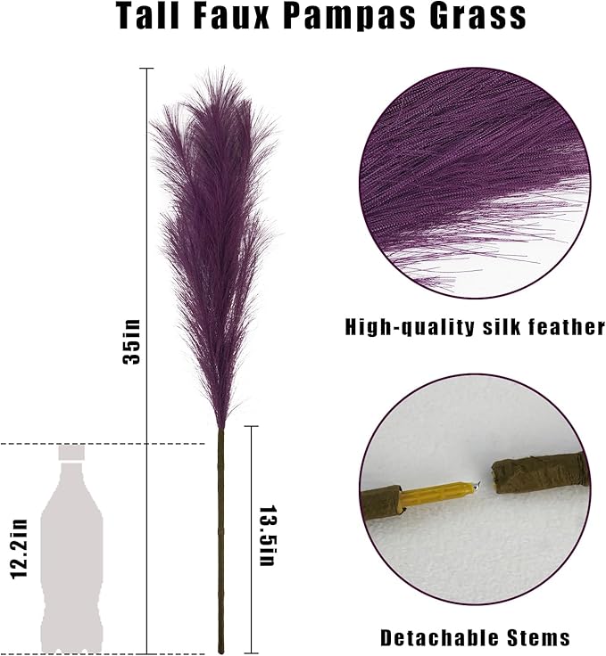35" Faux Pampas Grass Decor, 8pcs Large Tall Fluffy Artificial Pompous Grass Branches Floral Fake Pompas Grass Bulrush Floor Vase Filler Flower Arrangement for Home Wedding Boho Decor, Purple