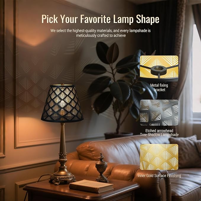 Small modern black gold lamp shades,metal boho scalloped lamp shade,Lamp shade replacement 5" top, 9" bottom, 7" high (Spider Fitter) lamp shades for table lamps and floor lamp,Unique arrow Etched