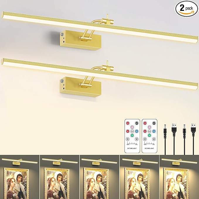 23.6 Inch Picture Light for Wall, 2 Pack 6400mAh Rechargeable Battery Operated Picture Lights, Remote Gallery Light for Wall Pictures, Paintings, Artwork, Poster, Dartboards, NO Wire