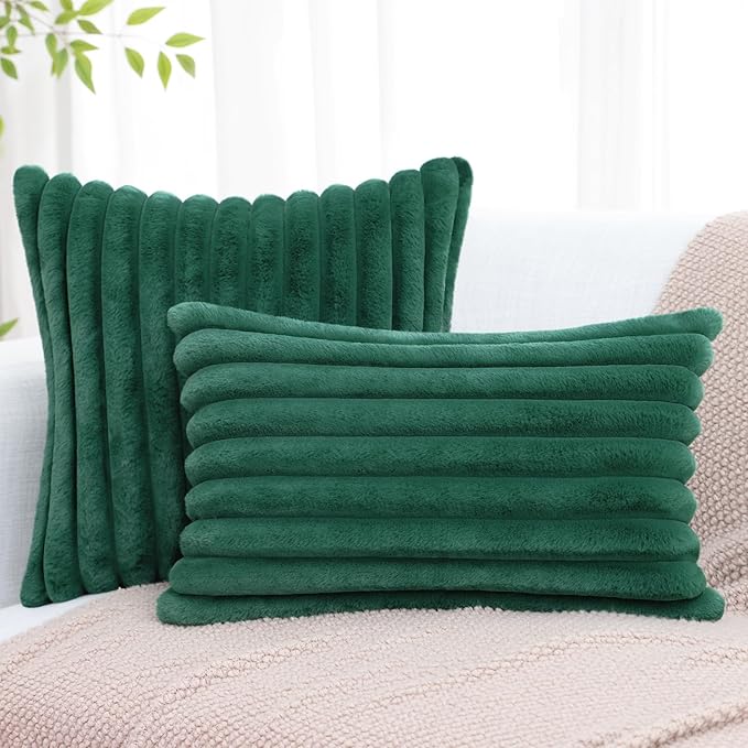 decorUhome Faux Fur Christmas Throw Pillow Covers 26x26 Set of 2, Decorative Soft Plush Striped Neutral Couch Euro Pillow Covers with Velvet Back for Sofa, Bed, Living Room Home Decor, Christmas Green