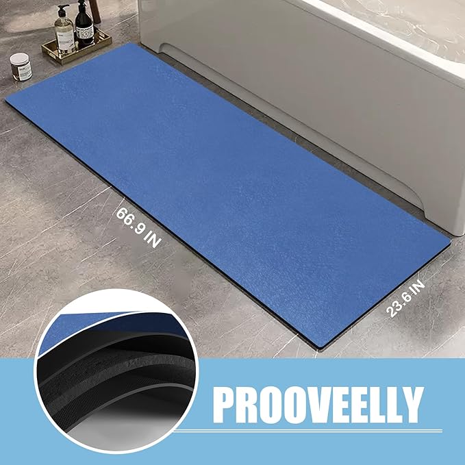 Extra Long Bathroom Rugs Diatomaceous Earth Bath mat Super Absorbent Quick Dry Non Slip Bath Mat Thin Runner Rug Fit Under Door-Shower Rug for in Front of Bathtub Shower, Blue, 23.6"x66.9"