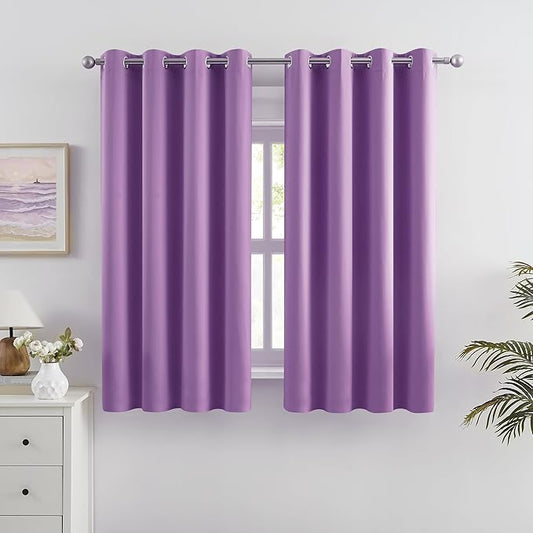 DUALIFE Purple Curtain Panels for Girls Room 45 inch Length Solid Energy Efficient Room Darkening Bedroom Curtains for Short Windows Thermal Insulated Grommet Top 52 x 45 inch