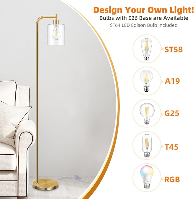 Industrial Floor Lamp with Hanging Glass Shade Brass Gold Farmhouse Indoor Pole Light with Edison E26 Base Vintage Rustic Standing Tall Lighting for Living Room Bedroom Office(ST64 Bulb Included)