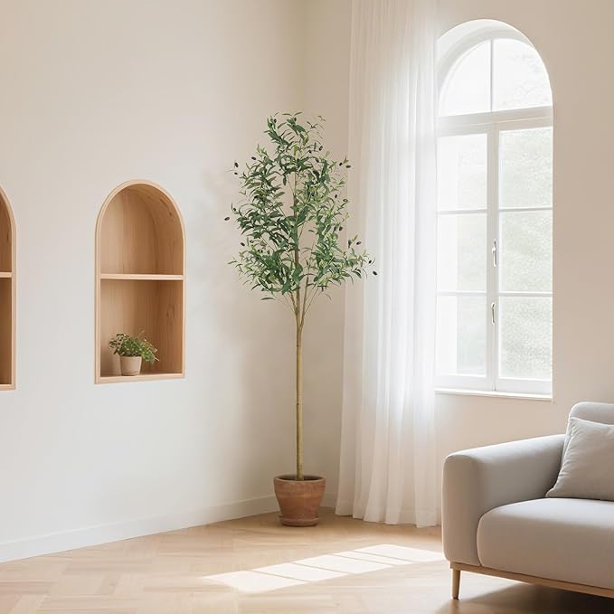 WILDLOVE Fake Olive Tree Artificial Indoor, Potted Faux Olive Trees with Natural Wood Trunk & Lifelike Fruits for Home Office Decor (6ft)