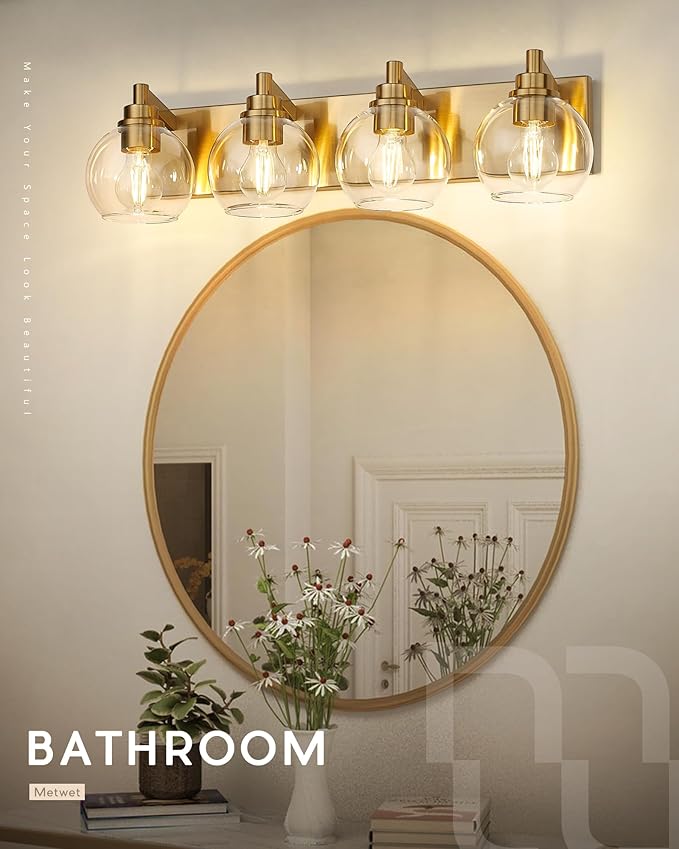 Bathroom Light Fixtures, 4 Light Brushed Gold Vanity Light, 26 Inch Modern Wall Sconces with Globe Clear Glass Shade, Vanity Lighting Fixtures Over Mirror, VL195-BG-CL-4