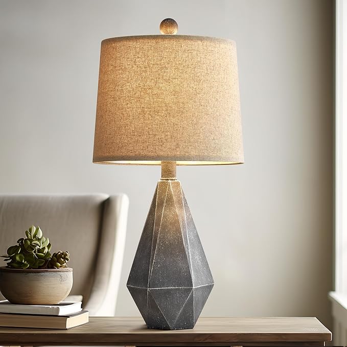 PoKat 20.25" Rustic Farmhouse Table Lamp Sets of 2 for Living Room Bedroom Deep Grey Contemporary Classic Bedside Nightstand Lamp with White Fabric Shade, Suitable for Small Place