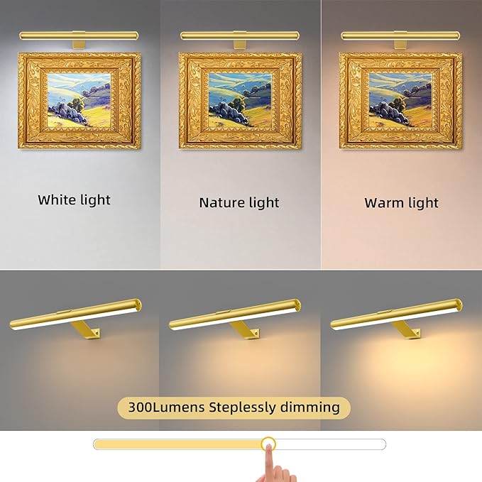TINTINDOC Battery Operated Picture Light Painting Light with Remote, 16'' Wall Art Gallery Display Light,Full Metal Dimmable 300LM Wall Light for Picture Painting Dartboard Gallery Art