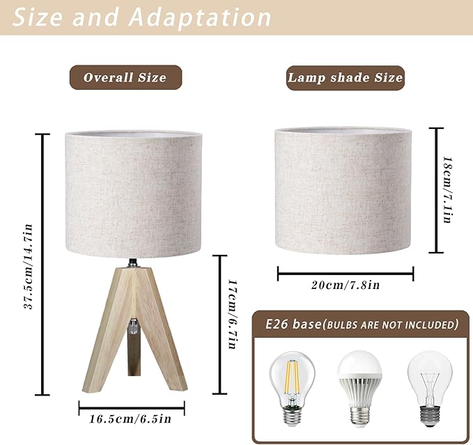 Tripod Table Lamp, Wooden Desk Lamp with Linen Beige Lampshade, 14.37 in Small Bedside Lamps, Birch Color Wooden E26 Base Lamps for Night Stands, Home, Office, Living Room, Dorm(Bohemian)