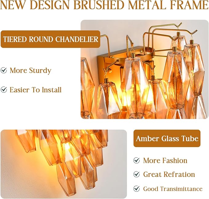 Brass Wall Sconce, Modern Gold Sconce Wall Lighting, Amber Glass Sconces for Bathroom, Luxury Wall Lights for Living Room, Wall Lamp for Bedroom, Vanity Light for Hallway, Staircase