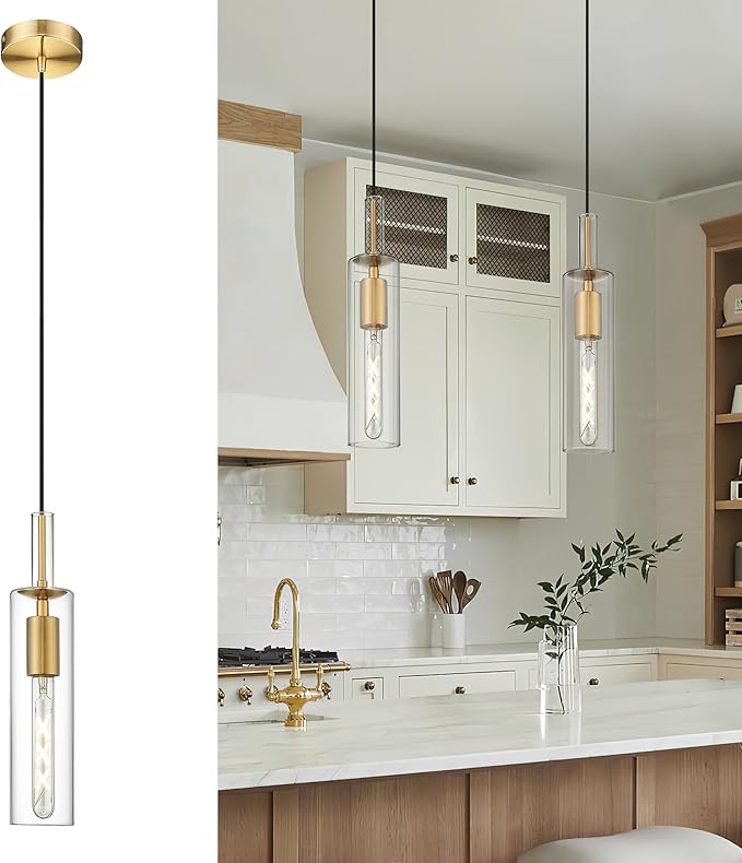 AUTELO 1-Light Pendant Lights Kitchen Island - Gold Pendant Light Fixtures, Vintage Hanging Lamp in Metal Finish with Clear Linear Glass, Kitchen Pendant Lighting over Island for Dining Room, H3875 BG