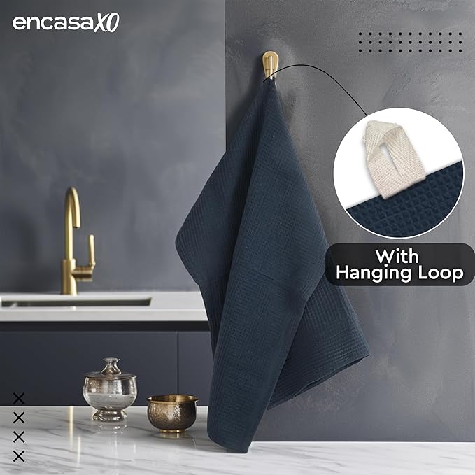 Encasa XO Kitchen Dish Towels Set | Navy Blue | Waffle Weave and Flat Hand Tea Towel | 28"x18" | Quick Drying Reusable Cotton Washcloths | Multipurpose Lightweight Dishcloths Set of 4