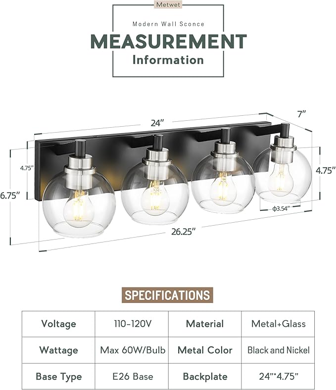 Bathroom Light Fixtures, 4-Light Black and Brushed Nickel Bathroom Vanity Light, 26 Inch Modern Wall Sconces with Globe Clear Glass Shade, Vanity Lighting Fixtures Over Mirror, VL195-KN-4