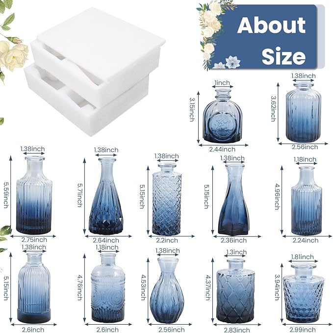 12Pcs Blue Glass Bud Vases Set, Small Vases for Flowers, Perfect for Centerpieces at Parties, Baby Showers, Weddings, Events, Graduation Season, Great Gifts for Office & Home Décor