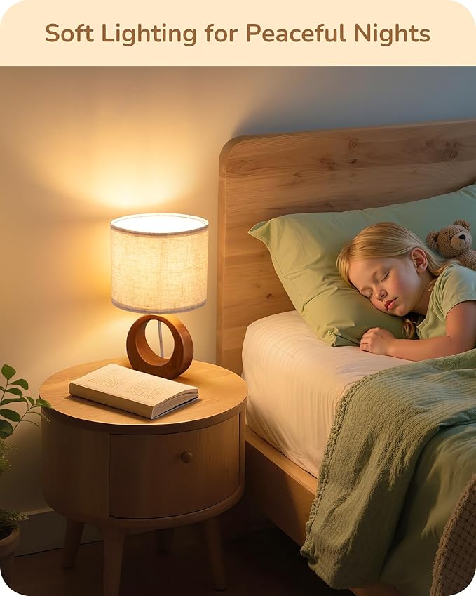 EDISHINE 13.4" Small Table Lamp, Wood Nightstand Lamp with Beige Linen Lampshade & ON-Off Switch, E26 Base, Boho Bedside Lamp for Living Room, Bedroom, Dark Pearwood