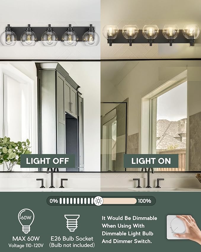 Bathroom Light Fixtures, 5 Light Matte Black Vanity Light, 32 Inch Modern Wall Sconces with Globe Clear Glass Shade, Vanity Lighting Fixtures Over Mirror, VL195-MB-CL-5