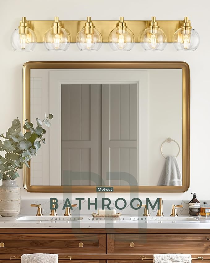 Bathroom Light Fixtures, 6 Light Brushed Gold Vanity Light, 38 Inch Modern Wall Sconces with Globe Clear Glass Shade, Vanity Lighting Fixtures Over Mirror, VL195-BG-6