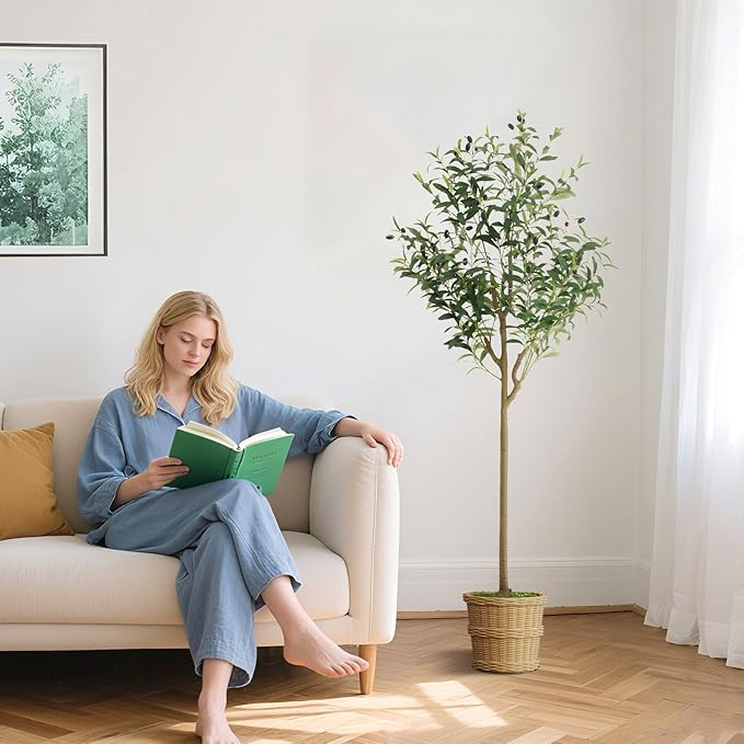 WILDLOVE Fake Olive Tree Artificial Indoor, Potted Faux Olive Trees with Natural Wood Trunk & Lifelike Fruits for Home Office Decor (5ft)